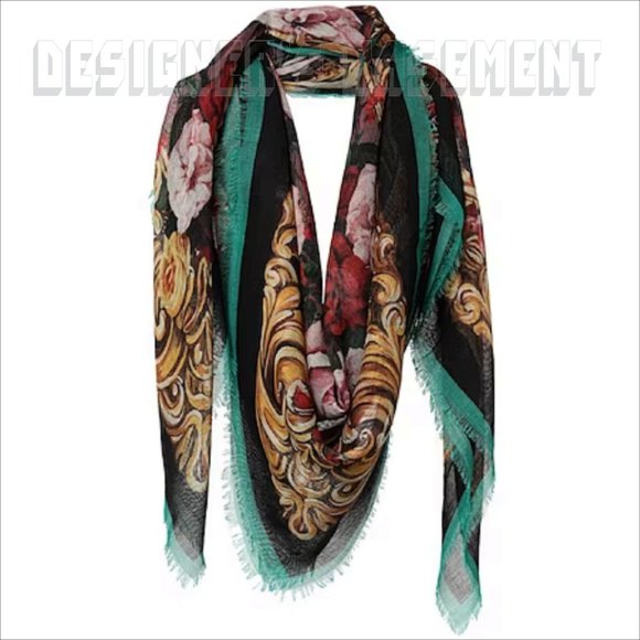 DOLCE & GABBANA cashmere & silk blend BAROQUE ROSES 54"x54" square fringed Shawl - Picture 3 of 5
